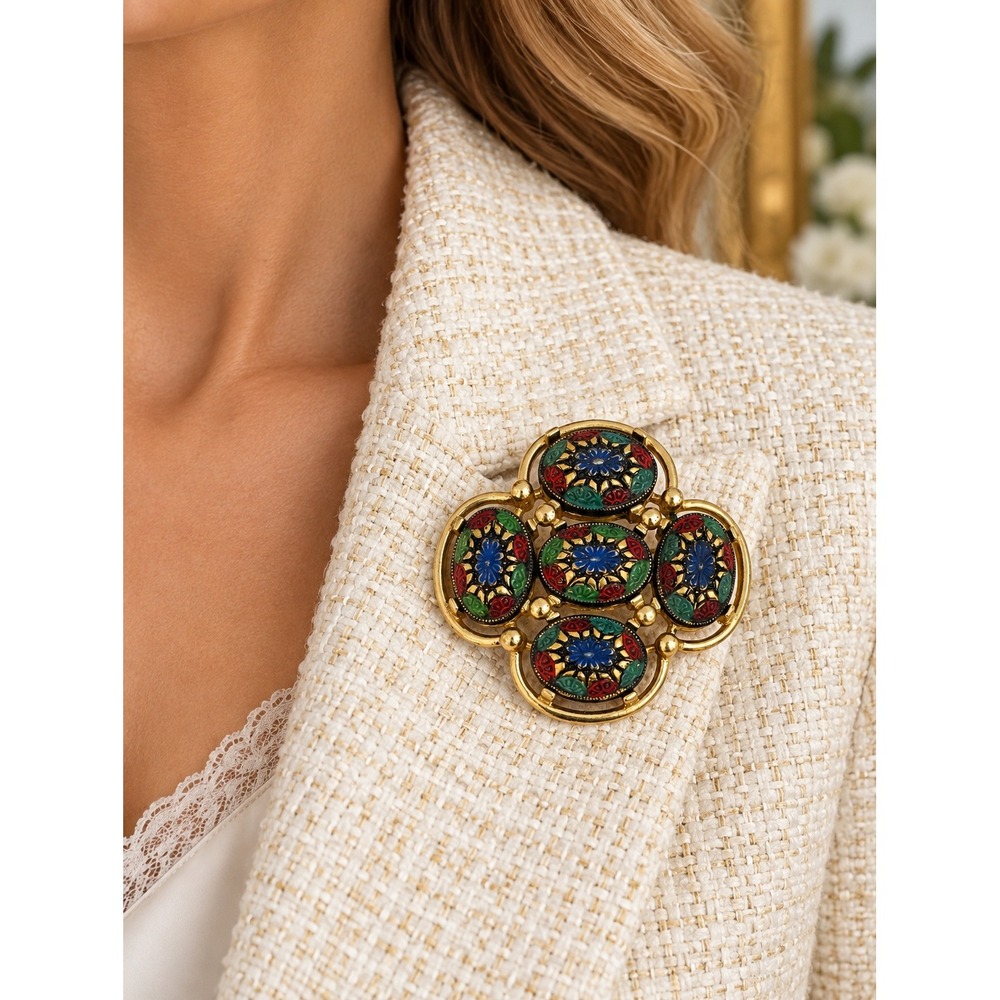 Vintage 1968 Sarah Coventry Light Of The East Mosaic Cabochon Brooch Gold Tone